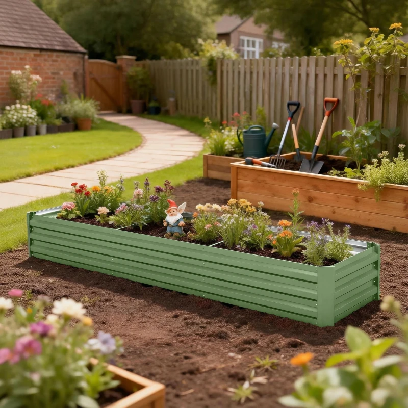 Outsunny 8'x2'x1' Galvanized Raised Bed, Large Elevated Planter Box for Growing Flowers, Herbs and Vegetables, Light Green