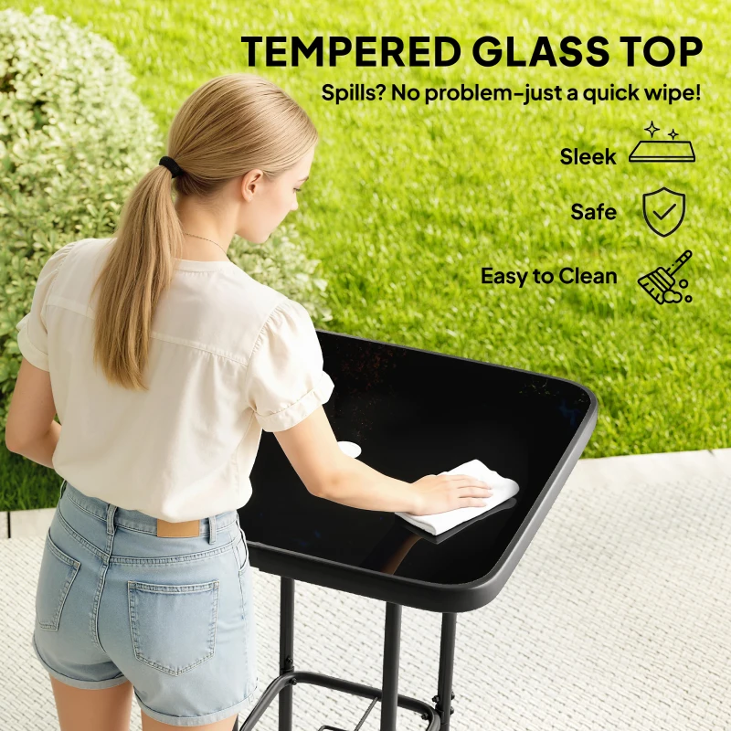 Outsunny Outdoor Bar Table with Umbrella Hole, 41.3" Bar Height Patio Table with Glass Top and Metal Frame, Black