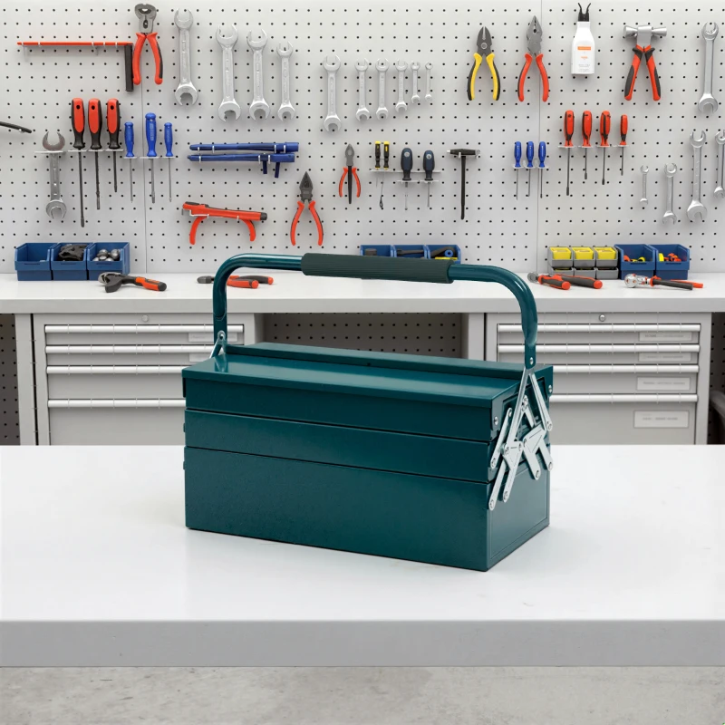 DURHAND 18" Metal Tool Box, Portable 5-Tray Cantilever Steel Tool Chest Cabinet for Garage and Warehouse, Dark Green
