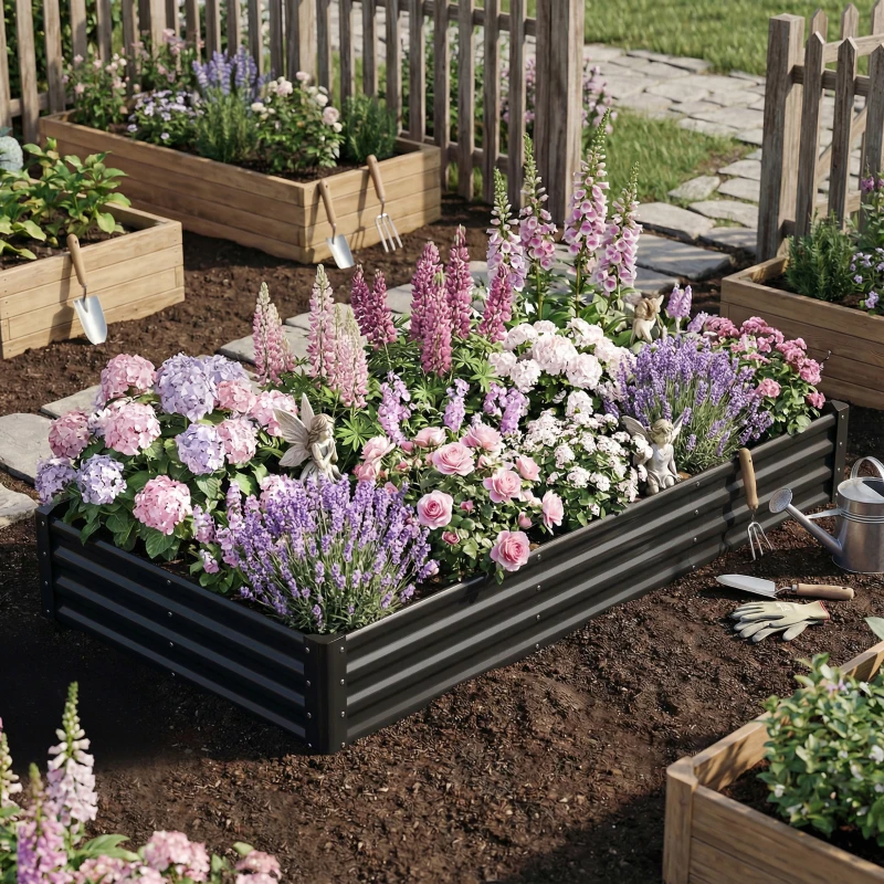 Outsunny 8 x 4 x 1ft Galvanized Raised Garden Bed, Reinforced Outdoor Planter Box with Open Bottom, Black