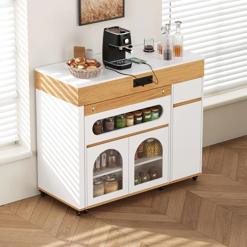 Extendable Rolling Kitchen Island with Folding Top, Versatile Kitchen Cart with Windows, 74" L x 43.5" W x 37.5" H, Creamy White+Natural