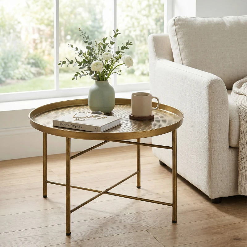 HOMCOM Vintage Coffee Table for Living Room, 24" Round Center Table with Hammered Tray Top and Metal Frame, Gold