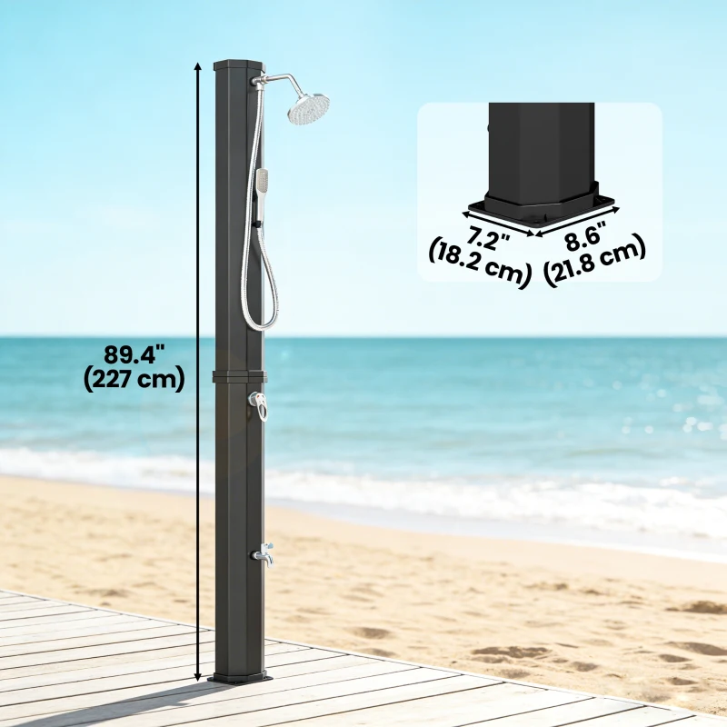 Outsunny 16 Gal Solar Heated Shower, 7.4 FT Outdoor Shower with 2 Shower Heads, Adjustable Temperature, Foot Faucet