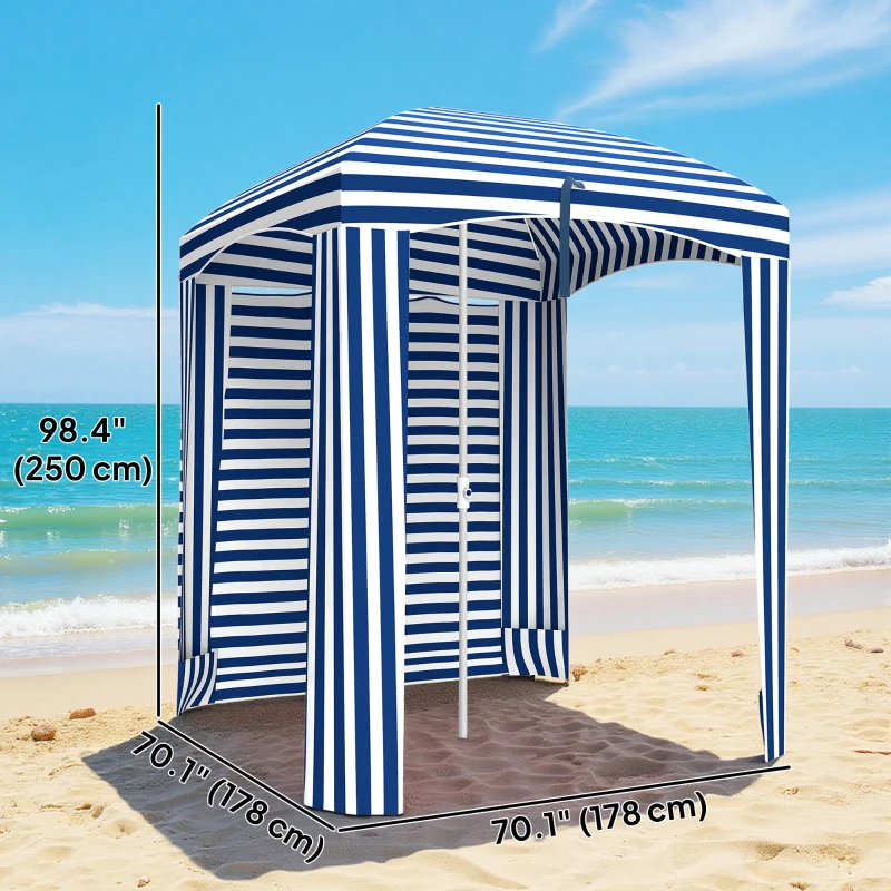 Outsunny 70.1" L x 70.1" W Cabana Umbrella with Walls, Vents, Ruffles, Carry Bag, Beach Umbrella, Blue White Stripe