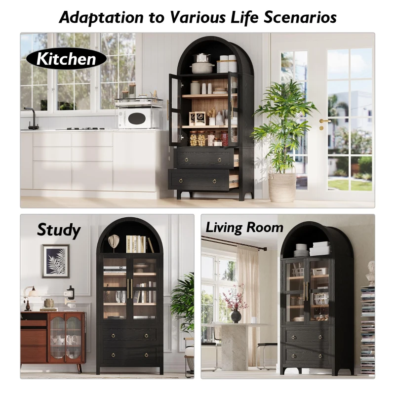 Arched Kitchen Pantry Cabinet with 2 Soft-Close Drawers, Modern Farmhouse Hutch for Living Areas, 30'' L x 15.5'' W x 71'' H, Black