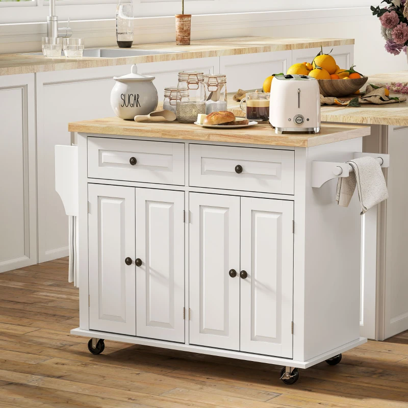 HOMCOM 44" Mobile Kitchen Island Table, Kitchen Island Cart on Wheels with Storage Cabinets, 2 Drawers, White