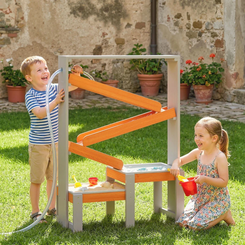 Qaba Wooden Sandbox, Kids Sand and Water Table with Waterway Track and Dual Boxes, Sensory Table for Outdoor, Grey