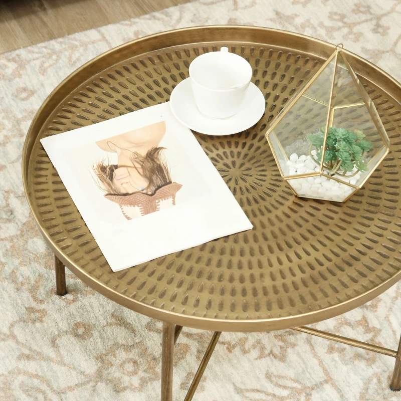HOMCOM Vintage Coffee Table for Living Room, 24" Round Center Table with Hammered Tray Top and Metal Frame, Gold