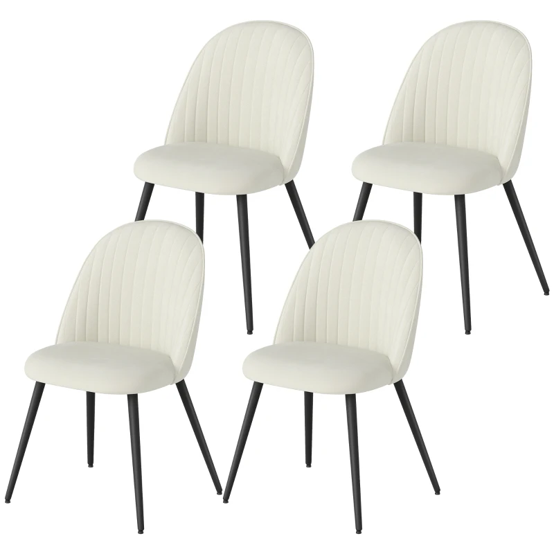 HOMCOM Set of 4 Modern Dining Chairs, Velvet Upholstered Kitchen Chairs with Steel Legs for Living Room, Cream White