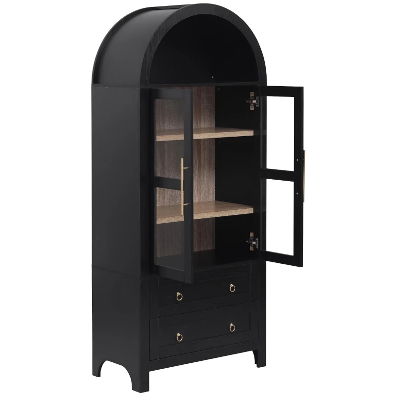 Arched Kitchen Pantry Cabinet with 2 Soft-Close Drawers, Modern Farmhouse Hutch for Living Areas, 30'' L x 15.5'' W x 71'' H, Black