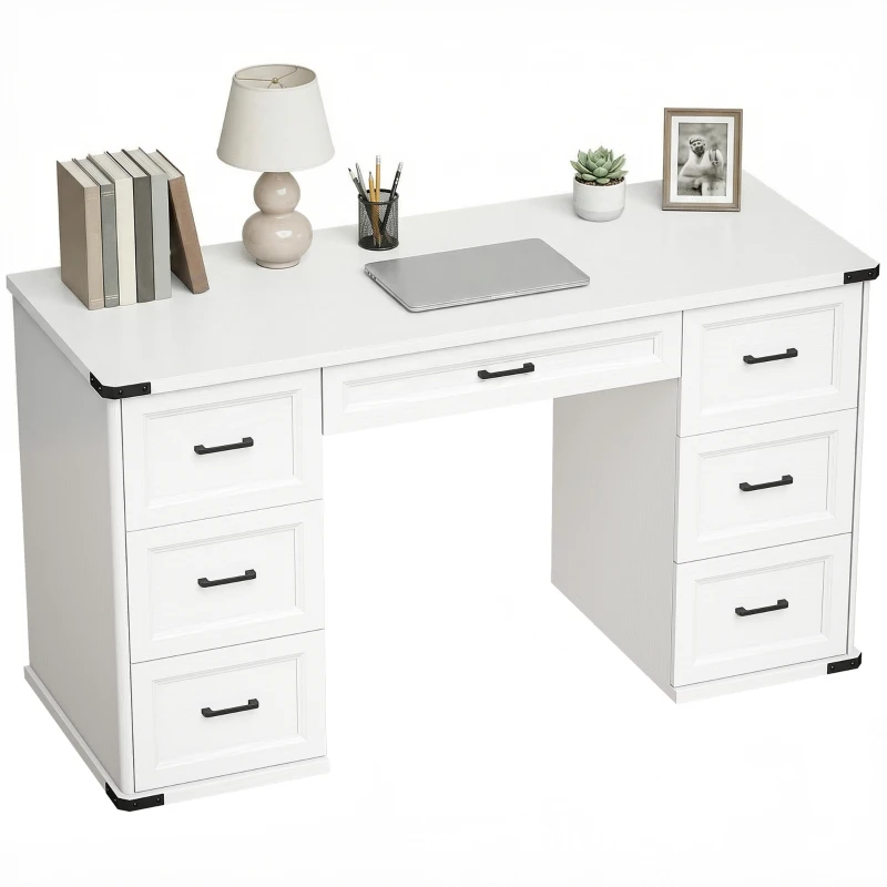 HOMCOM 55" Computer Desk with 7 Drawers, Farmhouse Executive Desk for Home Office, Study, Bedroom, White Wood Grain