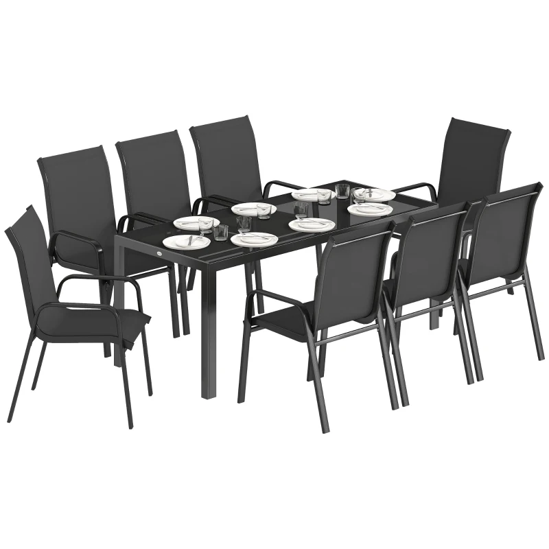 Outsunny 9 Pieces Patio Set with Stackable Chairs, Patio Dining Set with Glass Top for Garden, Patio, Backyard, Black