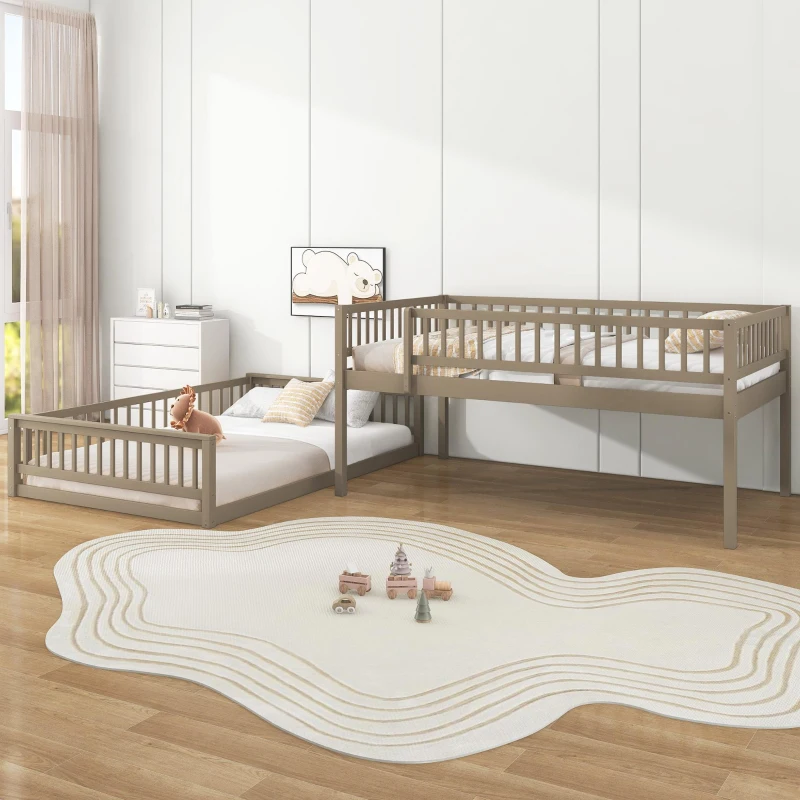 Convertible Full XL Over Queen Bunk Bed with Space-Saving Ladder, Stylish Loft Bed with Solid Wood Slats, 84" L x 62.5" W x 58.5" H, Walnut