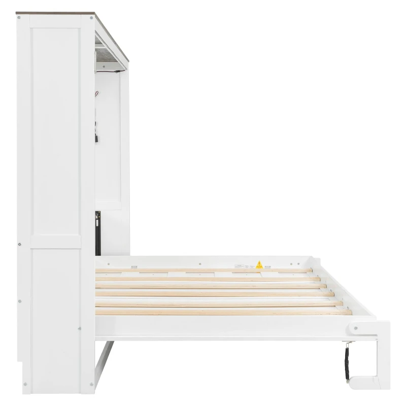 Full Size Murphy Bed with LED Light and Built‑In Desk, Foldable Platform Bed with Smooth Hydraulic Lift, 83" L x 60.5" W x 62" H, Brown+White