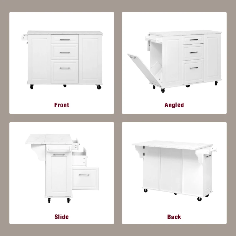 Rolling Kitchen Island with 2‑Tier Pull-Out Organizer, Versatile Storage Cabinet for Open-Plan Kitchens, 50.5'' L x 26.5'' W x 35.5'' H, White