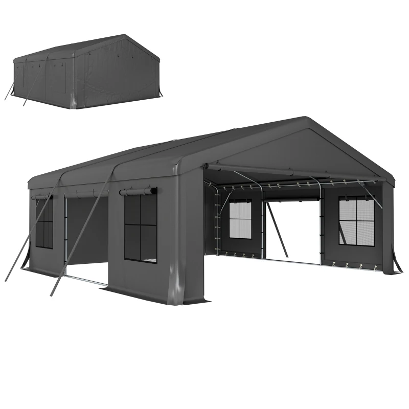 Outsunny 20' x 20' Heavy Duty Carport, Portable Garage Car Canopy Tent Shelter with 3 Roll-up Doors, 4 Windows, Dark Grey