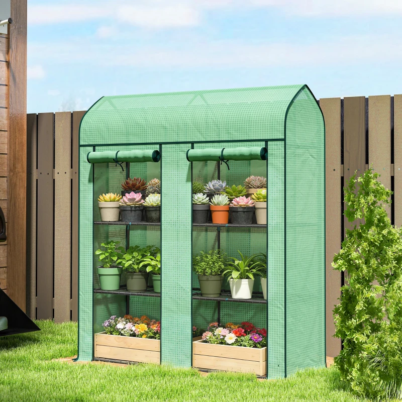 Outsunny 3 Tier Mini Greenhouse, Small Portable Greenhouse with 2 Roll-up Doors, 56.3" x 18.1" x 65", Green