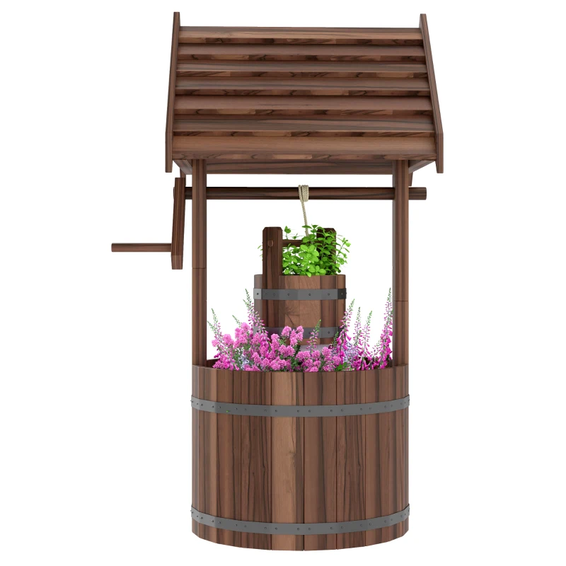 Outsunny Wood Wishing Well Outdoor Wooden Planter with Hanging Bucket and Drainage Hole for Garden, Patio, Backyard, Tan
