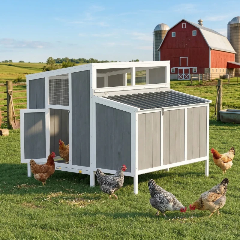 PawHut Chicken Coop, Wooden Chicken House for 4-6 Hens, Outdoor Hen House with Nesting Box, Pull-Out Tray and Weatherproof Roof