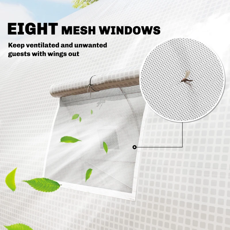 Outsunny Walk-in Tunnel Greenhouse with 2 Support Rods, Mesh Door, Plant Hot House with PE Cover, 20'x10'x7', White