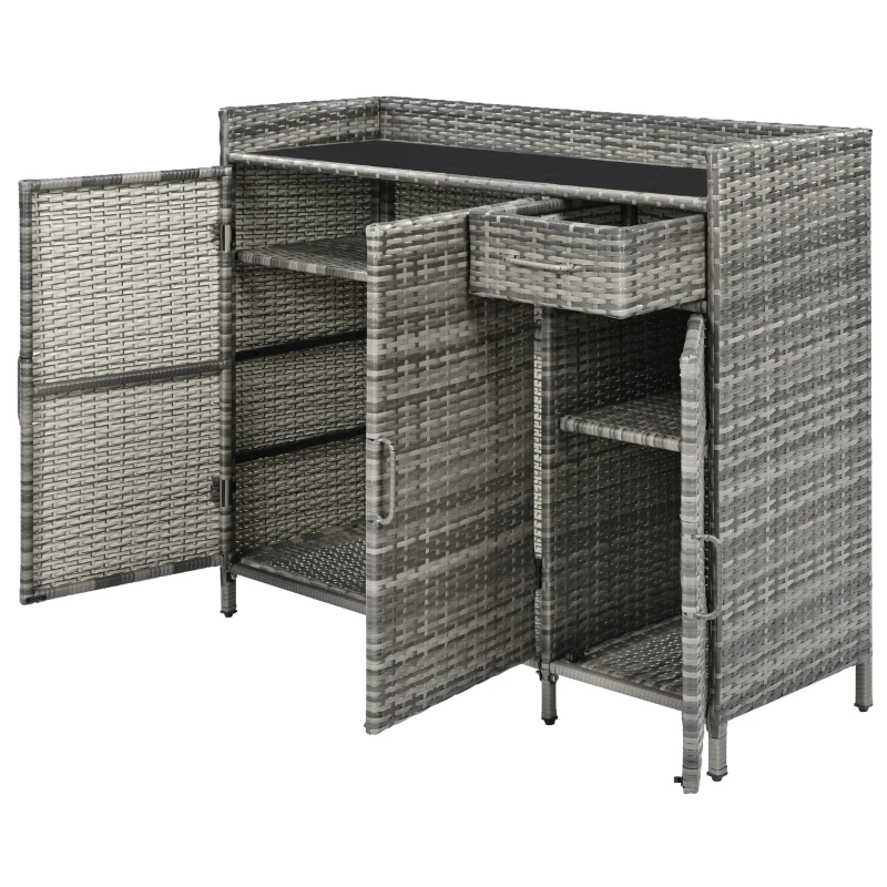 Wicker Outdoor Storage Cabinet with 3 Doors and a Drawer, Weatherproof Bar Table for Patio or Garden, 47.5'' L x 16'' W x 39.5'' H, Grey