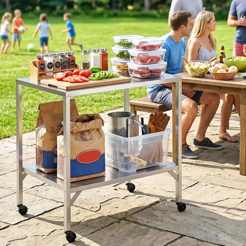 Outsunny Outdoor Grill Cart with Stainless Steel Tabletop, Pizza Oven Stand with Shelf, Lockable Wheels, Rolling BBQ Table