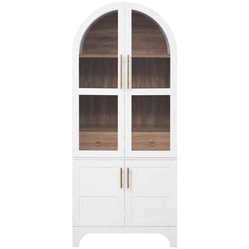 Arched Kitchen Pantry Cabinet with Large Hidden Drawer, Glass-Door Storage with Soft-Close Hinges, 30'' L x 15.5'' W x 71'' H, White