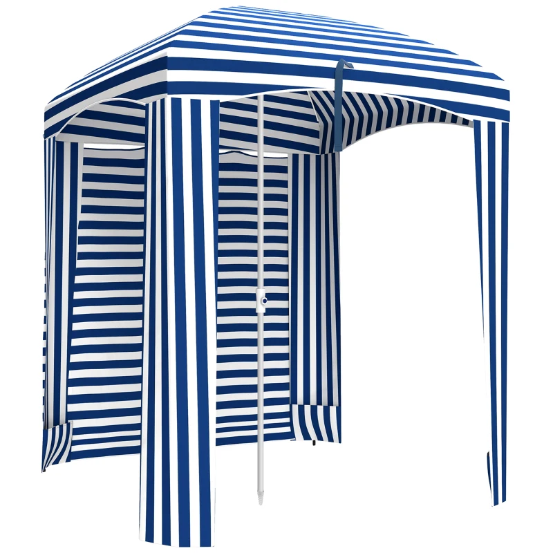 Outsunny 70.1" L x 70.1" W Cabana Umbrella with Walls, Vents, Ruffles, Carry Bag, Beach Umbrella, Blue White Stripe