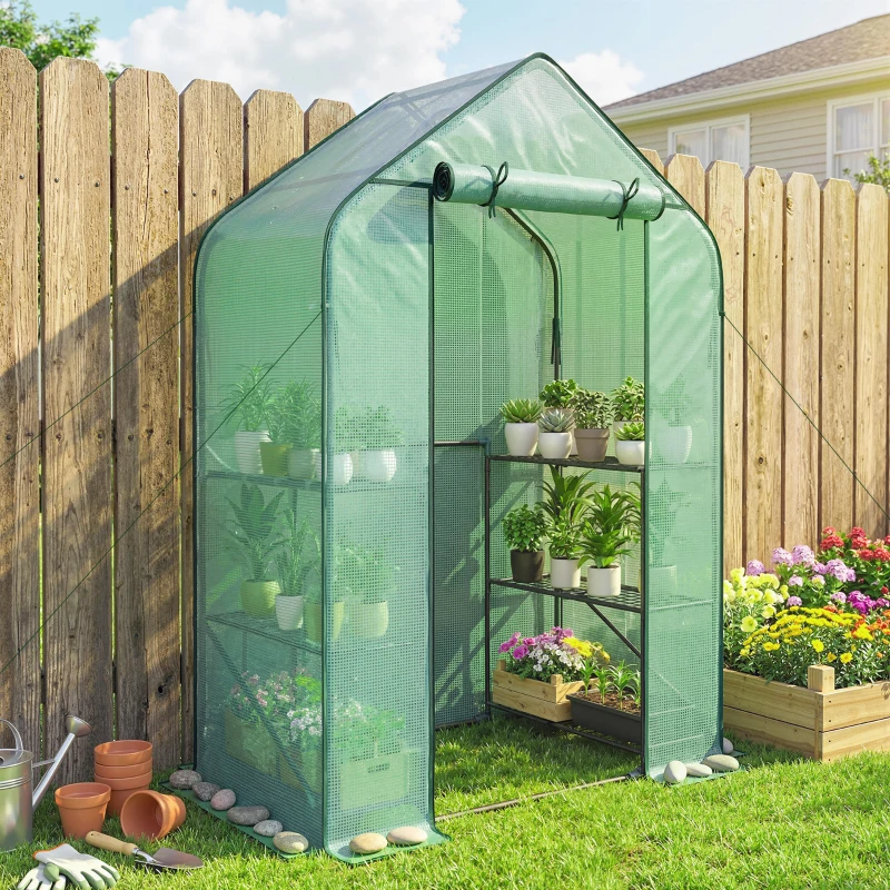 Outsunny Greenhouse for Outdoors, Portable Greenhouse with 6 Shelves, UV-Resistant PE Cover, Roll-Up Door, Green