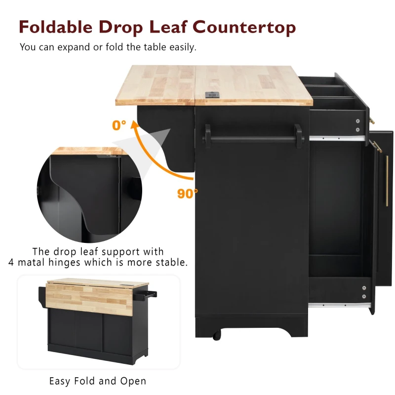 Rolling Kitchen Island with Drop-Leaf Rubberwood Top, Versatile Storage Cart for Contemporary Homes, 59.5'' L x 29.5'' W x 35.5'' H, Black