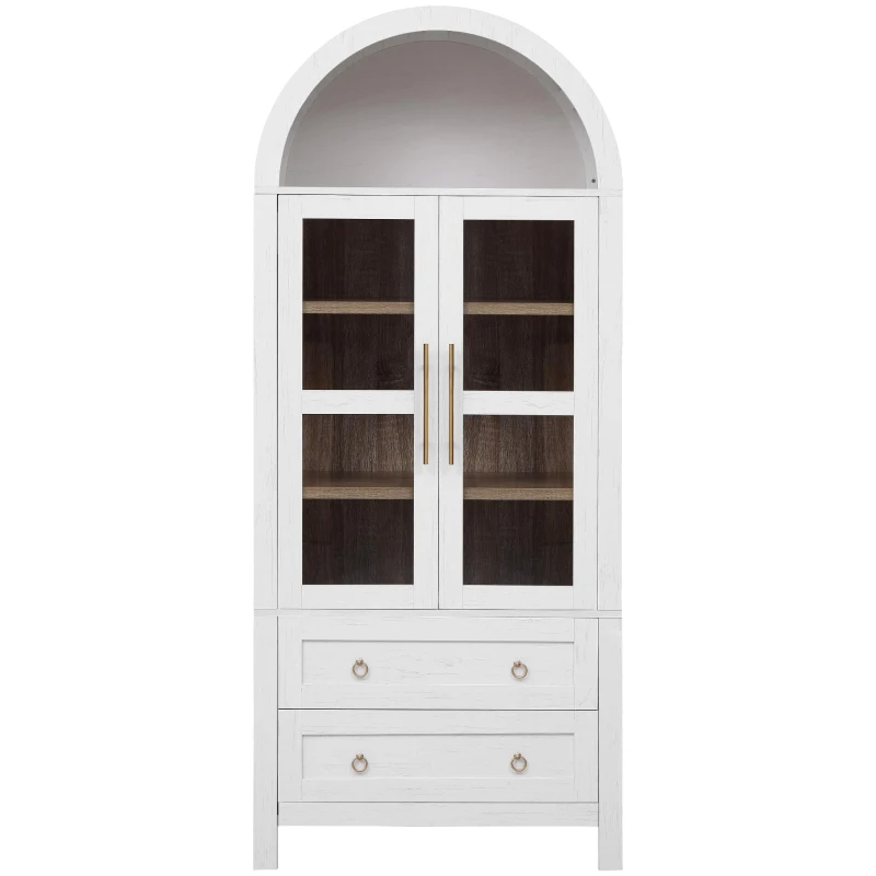 Arched Kitchen Pantry Cabinet with 2 Large Drawers, Stylish Storage Cabinet with Adjustable Shelves, 30'' L x 15.5'' W x 71'' H, White
