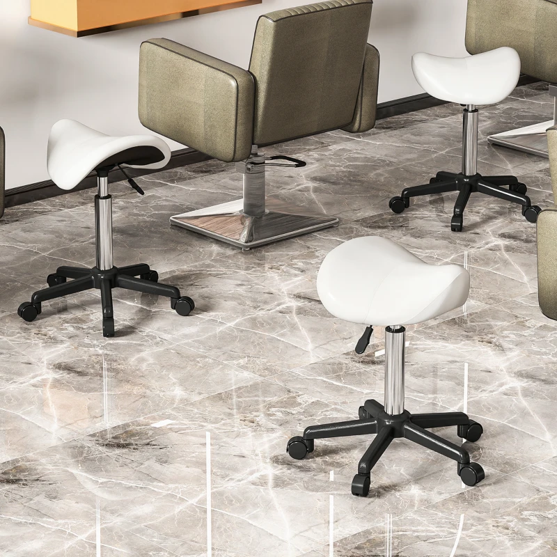 HOMCOM Saddle Stool, Adjustable Rolling Stool, White