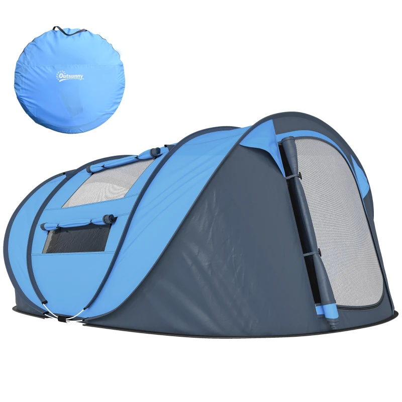 Outsunny 4 Person Camping Tent, Easy Pop Up Tent with Doors, Windows and Carry Bag, Automatic Setup Tent for Hiking, Blue