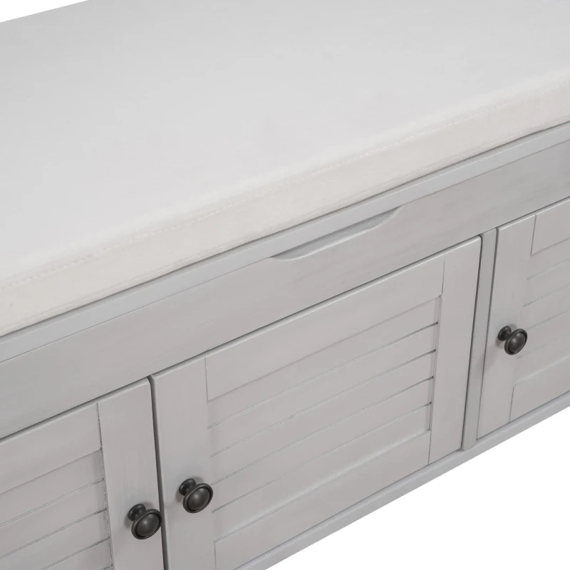 Rustic Storage Bench with Removable Linen-Blend Cushion, Functional Entryway Bench for Living Room, 43.5" L x 16" W x 18" H, Gray Wash