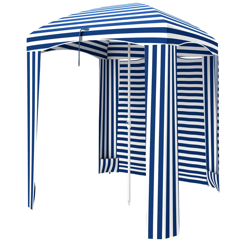 Outsunny 70.1" L x 70.1" W Cabana Umbrella with Walls, Vents, Ruffles, Carry Bag, Beach Umbrella, Blue White Stripe