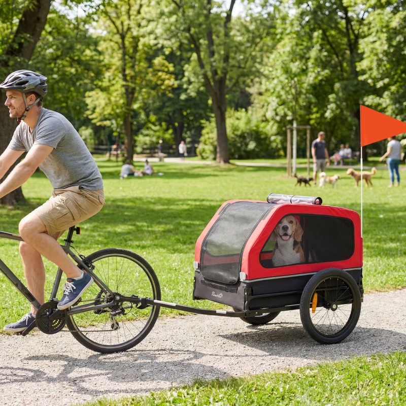 PawHut Dog Bike Trailer for Small & Medium Dogs, Universal Bicycle Coupler, Flip-Down Ramp Tailgate, Red