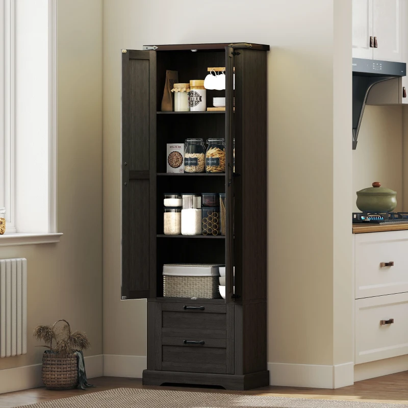 HOMCOM 71" Tall Kitchen Pantry Cabinet, Farmhouse Kitchen Storage Cabinet with 2 Drawer and Adjustable Shelves, Black