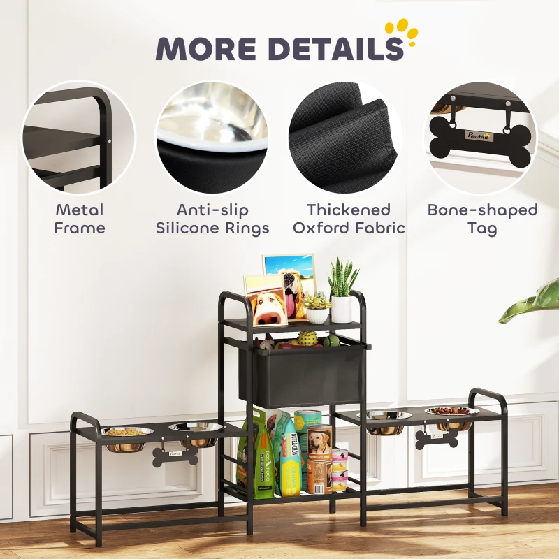 PawHut 3 Height Adjustable Dog Bowl Stand with 2 Feeding Stations, Toy Bin Basket, Black