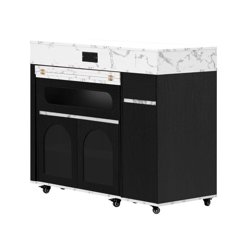 Extendable Rolling Kitchen Island with Folding Top, Versatile Kitchen Cart with Windows, 74" L x 43.5" W x 37.5" H, Black+White Marble