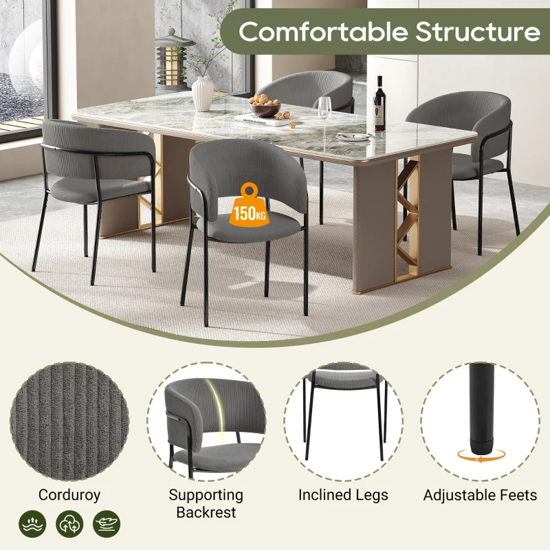 4-Piece Corduroy Side Chair Set with Ergonomic Curved Back, Modern Lounge Chair Set for Living Room, 30.5" L x 21.5" W x 19.5" H, Grey