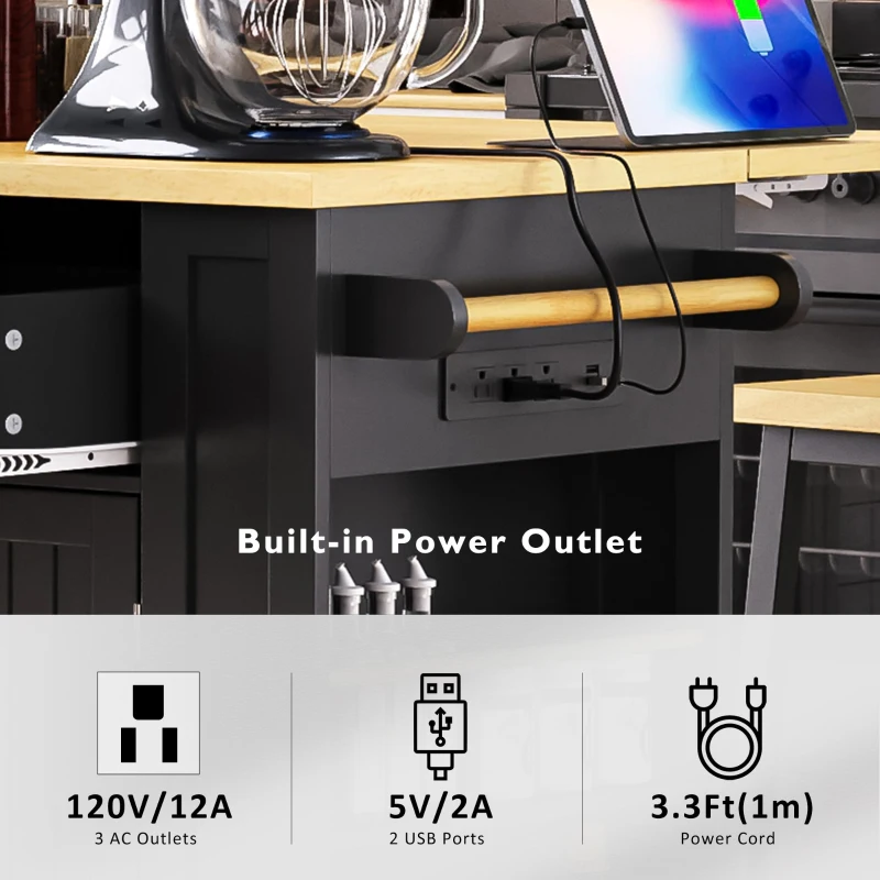 Large Kitchen Island and 2 Bar Stools for Dining Areas, Versatile Island Set with Built-In Charging Station, 48'' L x 29.5'' W x 36.5'' H, Black