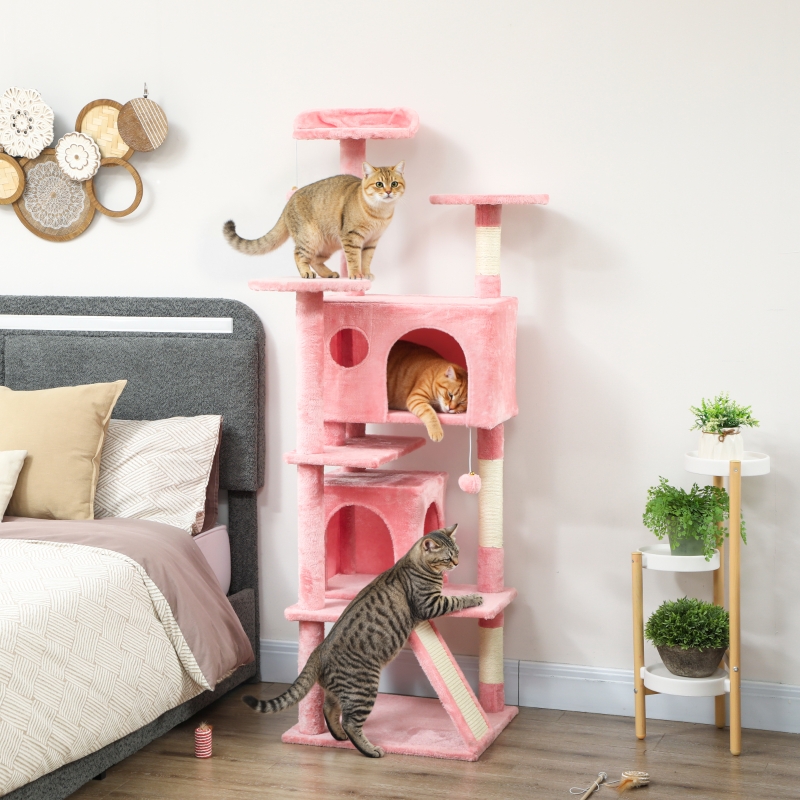 PawHut 63" Cat Tree, Multi-Level Cat Tower with Scratching Posts, Cat Condos, Bed, Platforms, Ramp, Toy Ball, Pink