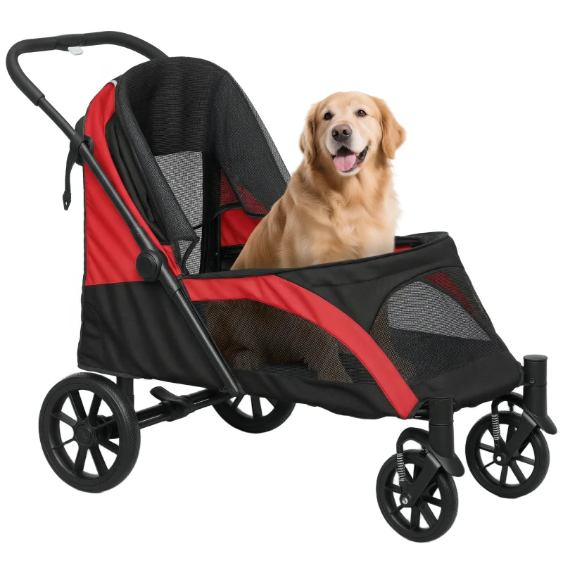 PawHut Foldable Pet Stroller for Large Dogs with Four Big Wheels, Shock-Absorbing Frame, Safety Leashes, Brakes, Black