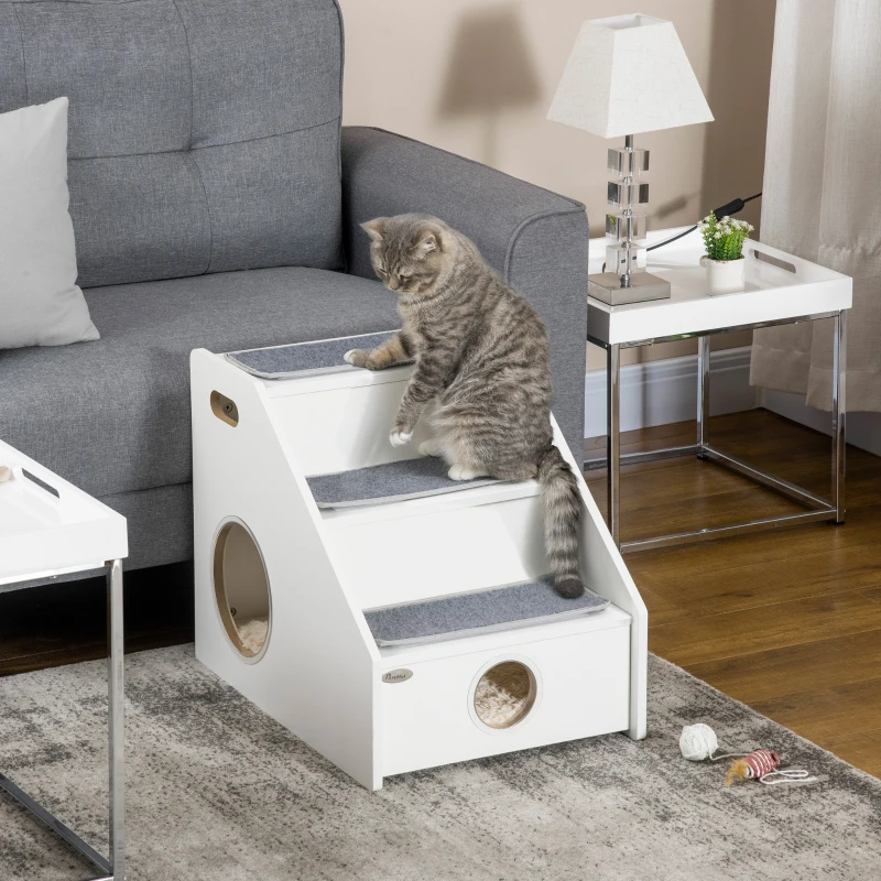 PawHut Pet Stairs for Miniature Dogs Hidden House, Cat Steps for Couch High Bed Sofa, Portable Puppy Stairs for Climbing with Handles, Non-Slip Carpet, Side Holes for Entry, White