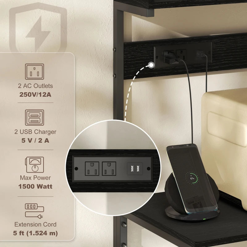 HOMCOM Baker's Rack with Charing Station, Microwave Shelf with Power Outlet, USB Charger and 5 Hooks, Black