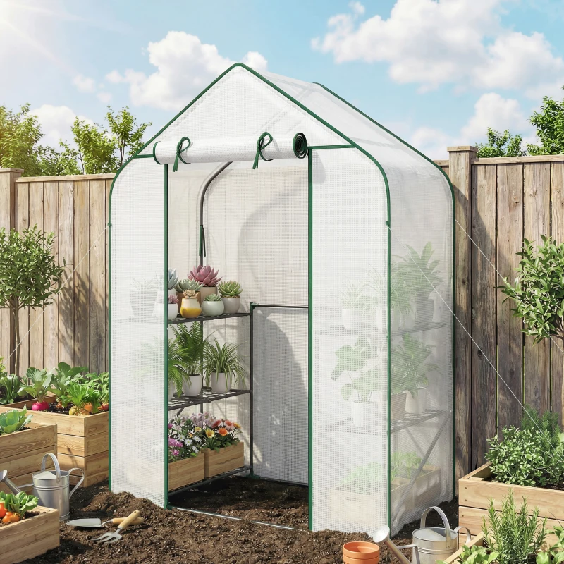 Outsunny Greenhouse for Outdoors, Portable Greenhouse with 6 Shelves, UV-Resistant PE Cover, Roll-Up Door, White