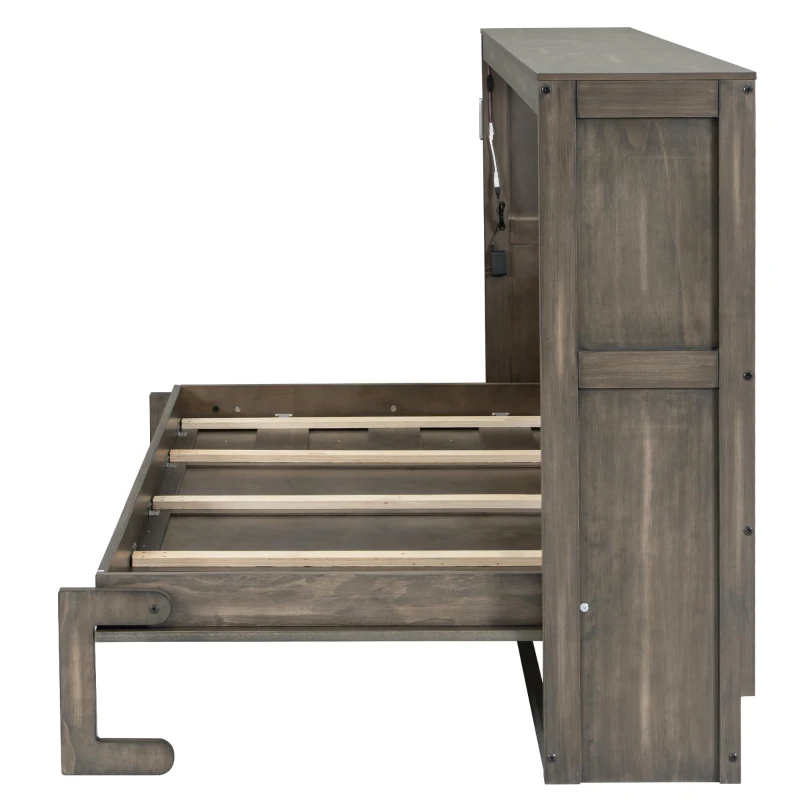 Twin-Size Murphy Bed with LED Light and Foldaway Cabinet, Space-Saving Wall Bed with Desk Conversion, 83" L x 45.5" W x 47" H, Brown