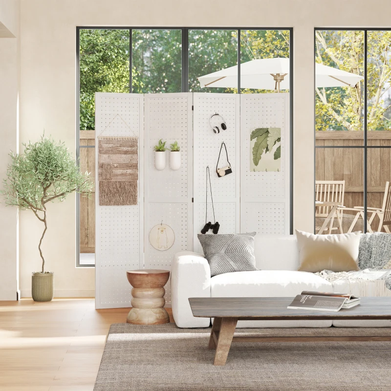 HOMCOM 5.6 Ft. Tall 4-Panel Room Divider, Pegboard Panel Folding Privacy Screen, Partition Wall Divider for Bedroom, White