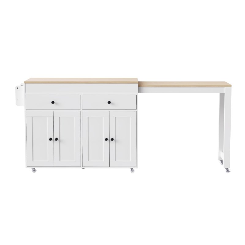 Space-Saving Kitchen Cart with Extendable Dining Table, Rolling Kitchen Island with Ample Storage, 74.5'' L x 19.5'' W x 36'' H, Off White