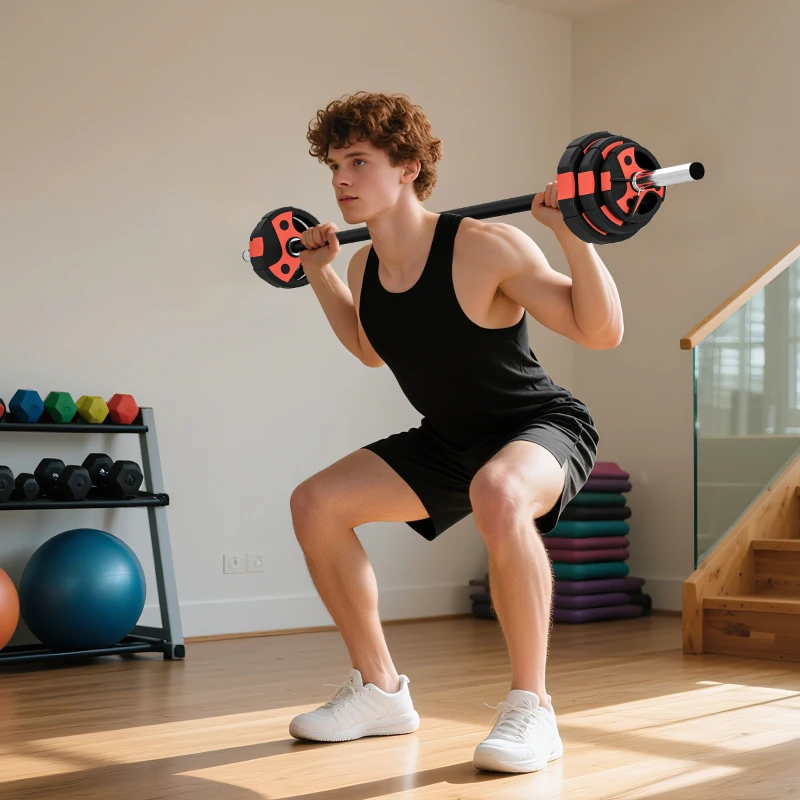 Soozier 44lbs Adjustable Barbell Weight Set, Solid One-Piece Barbell Bar and Weights for Home Gym Weight Lifting Strength Training Exercise, Max Load 110 lbs, Black and Red